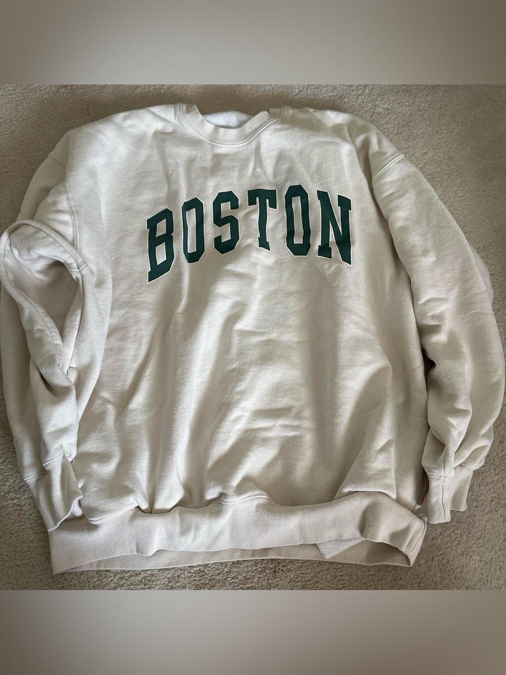 Brandy Melville White Sweatshirt with Green "BOSTON" Lettering